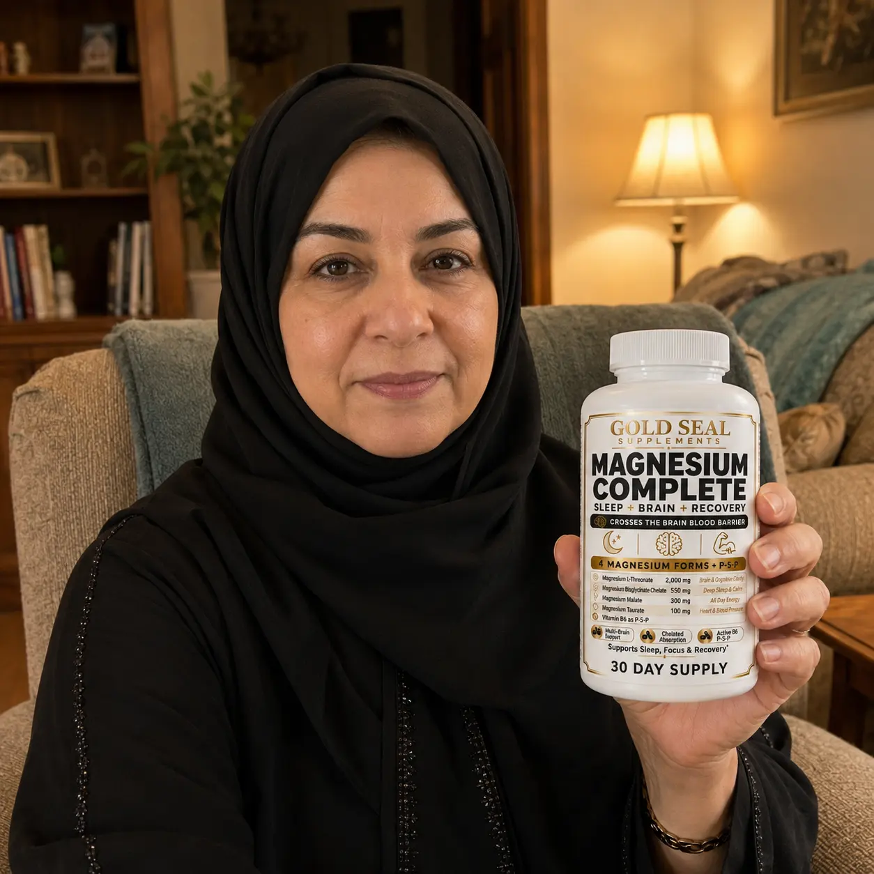 نورة تحمل عبوة Magnesium Complete