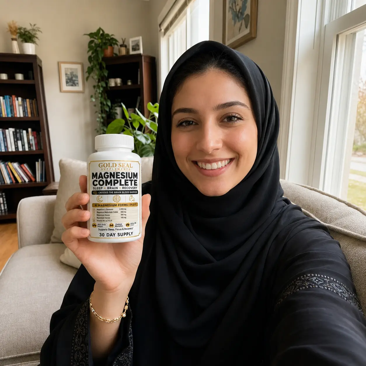 سارة تحمل عبوة Magnesium Complete